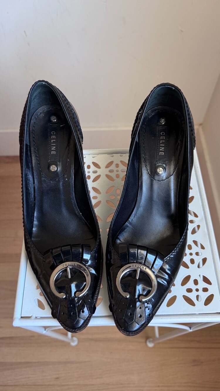 Celine Black Patent Leather Buckle Fringe Pointed Toe Heels Size 38